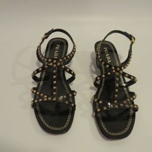 PRADA BLACK LEATHER GOLD STUDS STRAPPY SANDALS 8.5